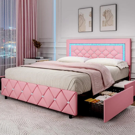 Full Size Bed Frame with LED Lights, Upholstered Bed Frame with Storage Drawers, Princess Platform Bed with Diamond Headboard