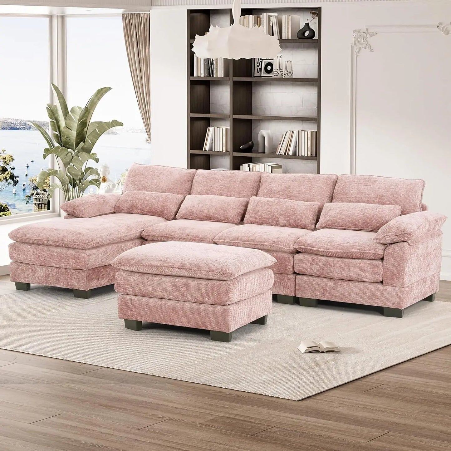 114" U Shape Sectional Sofa Cloud Couch, Upholstery Comfy Modular Sofa, 4 Seat Chenille L-Shaped Sleeper Sofa with Chaise Lounge