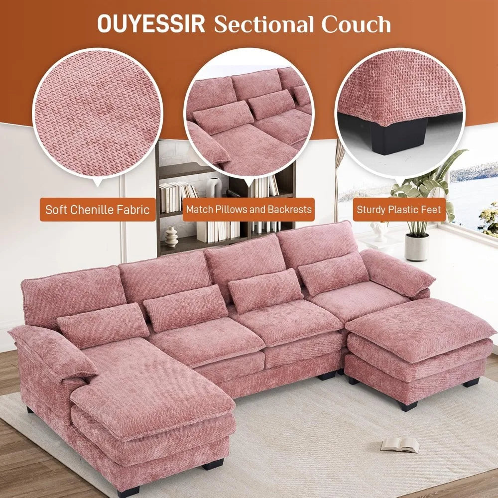 114" U Shape Sectional Sofa Cloud Couch, Upholstery Comfy Modular Sofa, 4 Seat Chenille L-Shaped Sleeper Sofa with Chaise Lounge