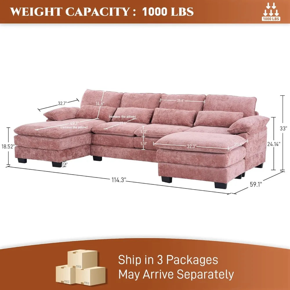 114" U Shape Sectional Sofa Cloud Couch, Upholstery Comfy Modular Sofa, 4 Seat Chenille L-Shaped Sleeper Sofa with Chaise Lounge