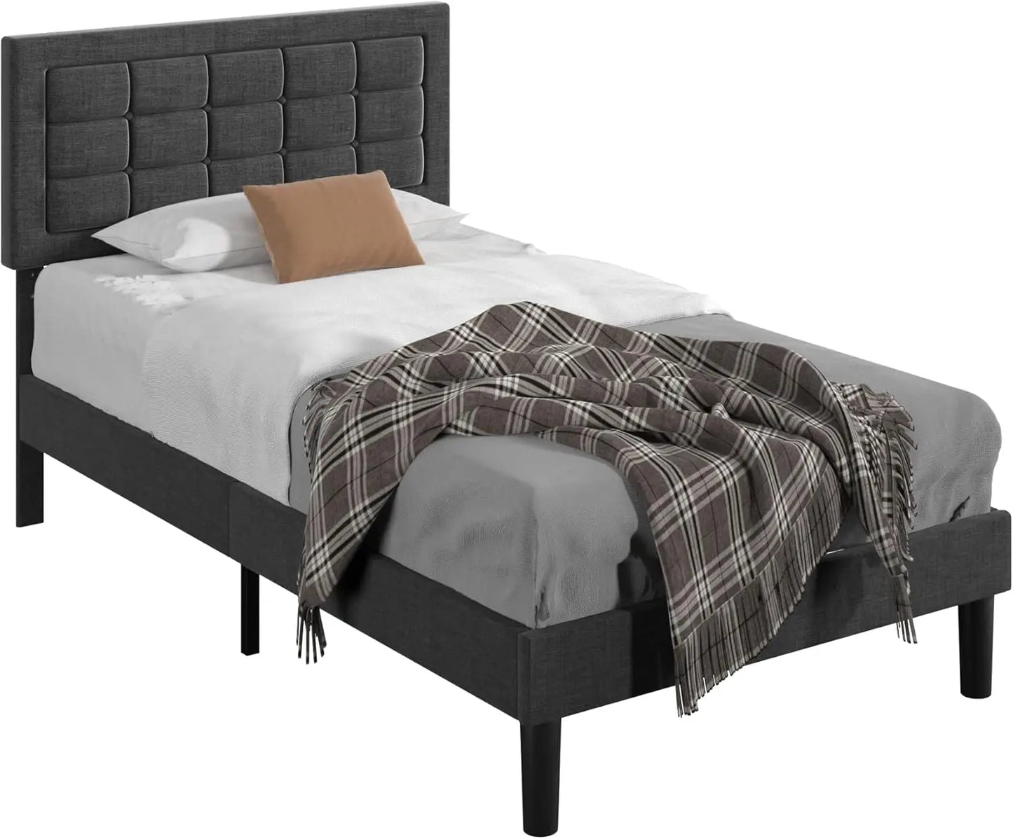 Vecelo Twin Size Bed Frame With Adjustable Headboard, Upholstered Button Tufted Platform Bedframe With Wood Slats Support, No