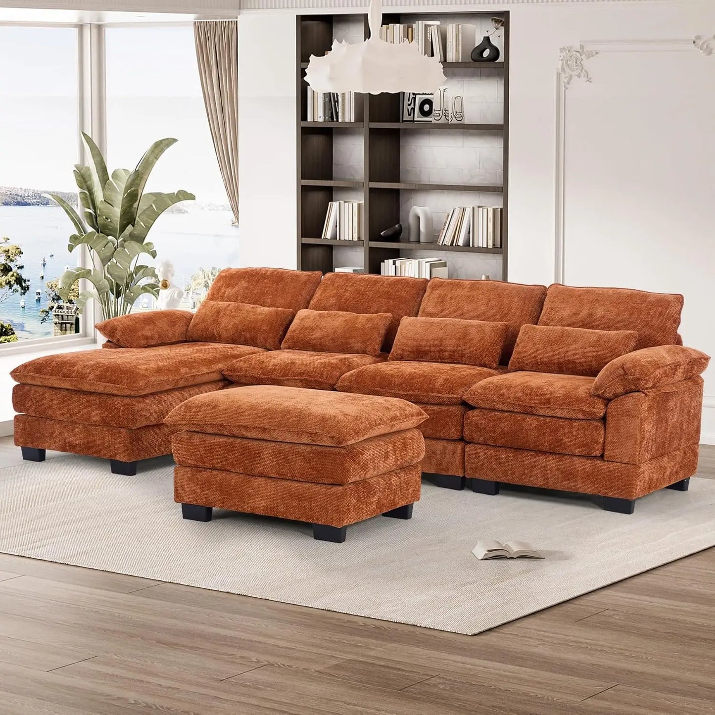 114" U Shape Sectional Sofa Cloud Couch, Upholstery Comfy Modular Sofa, 4 Seat Chenille L-Shaped Sleeper Sofa with Chaise Lounge