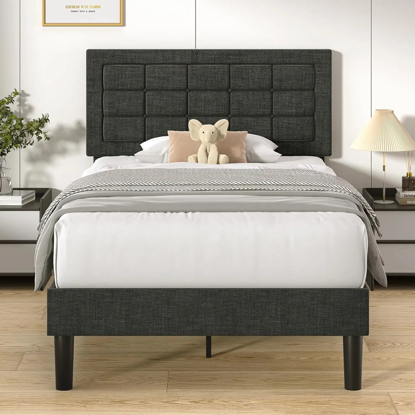 Vecelo Twin Size Bed Frame With Adjustable Headboard, Upholstered Button Tufted Platform Bedframe With Wood Slats Support, No